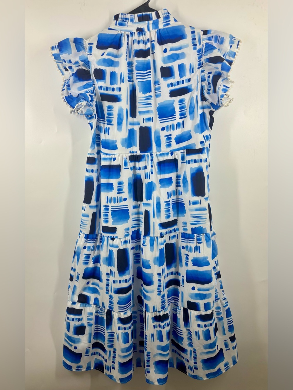 THML V-Neck Abstract Watercolor Tiered Nap Dress Blue White L - Picture 5 of 6